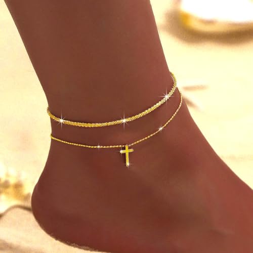 Image of Yalice 925 Sterling Silver Ankle Bracelets for Women Dainty 14K Gold Plated Anklets Set Shiny Waterproof Ankle Chain Cross Beach Foot Jewelry Gifts