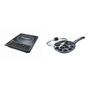 Prestige PIC 16.0+ 1900- Watt Induction Cooktop with Push Button (Black) + Prestige Omega Select Plus Non-Stick Paniyarakkal with Lid (240 mm, Black)- Gas Top Compatible only