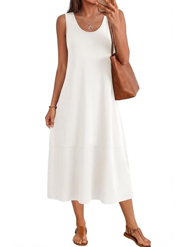 BerryGo Womens Summer Cotton Midi Dress Sleeveless Vacation Beach Casual Tank Dresses 2026 Long Sundress Trendy(Medium,White)