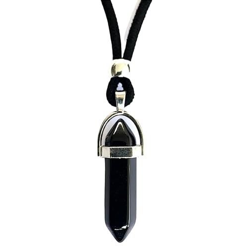 Colgante Hombre Mujer Piedra Energética Natural Punta de Flecha y zamak bañado en Plata - Collar Amuleto Gema Curativa de Protección - Ideal para Regalo (Obsidiana Negra)