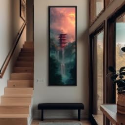 Toile verticale fantastique pour salon zen : grand paysage de temple rouge et brume