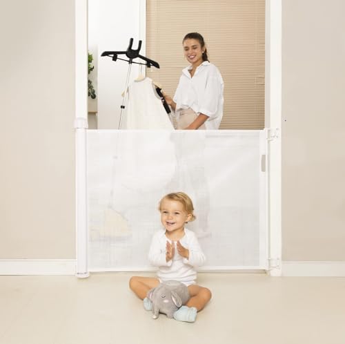 Momcozy Barrera Seguridad Niños Escalera, 0cm-140cm Puerta Seguridad Bebé Extensibles, Vallas de Seguridad para Escaleras, Barrera Escalera Bebé para Uso en Interiores y Exteriores, Blanca