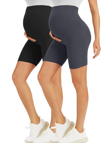Image of BONVIGOR Maternity Shorts Over The Belly - 5" Biker Workout Yoga Active Athletic Pregnancy Short Pants Lounge Pajama