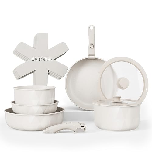 Country Kitchen 13 Piece Pots and Pans Set - Safe Nonstick Kitchen Cookware with Removable Handle, RV Cookware Set, Oven Safe (Diamond, Cream)
