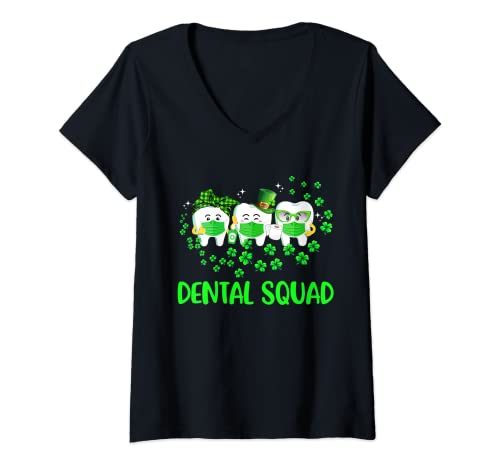 Mujer Divertido Escuadrón Dental Feliz Día de San Patricio Leprechaun Camiseta Cuello V