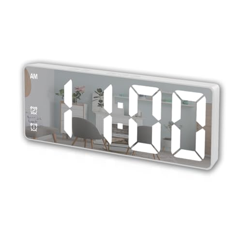 Königswerk Small Digital Alarm Clock, Mirror Surface LED Electronic Clocks with Large Display, Adjustable Brightness and Snooze Model for Bedroom, Desk, Office, White Digit