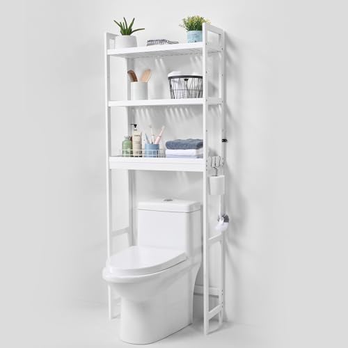 VEVOR Scaffale per WC, Mobile Portaoggetti Regolabile a 3 Ripiani sopra il WC, Mensola per Bagno con 3 Ganci, Organizzatore per Lavanderia, Si Adatta alla Maggior Parte dei WC, Bianco