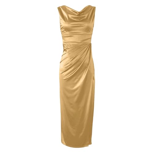 GAHIEDIM Champagne Dress for Women Womens Cowl Neck Champagne Dress Satin High Slit Beige Large - image 5