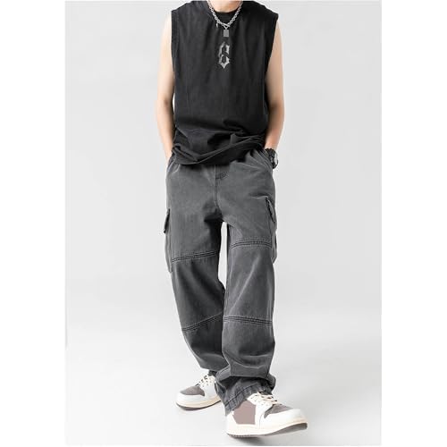 Men's Straight Cargo Jeans Multi Pocket Patchwork Pants Baggy Jogger Pants Black Tactical Pants Mens Rave Pants4