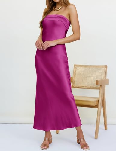 Image of MEROKEETY Women's Summer Satin Strapless Bodycon Dress 2026 Backless Tube Wedding Guest Cocktail Formal Party Maxi Dresses