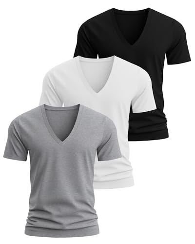 Huukeay 3 Pack Deep V Neck T-Shirts for Men Big and Tall Short Sleeve Tee Tops Slim Fit Casual Low Cut Shirts2