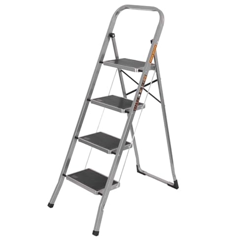 Step Ladder Heavy-Duty Steel, Non-Slip Rubber Steps, Anti-Slip Feet, Compact Platform-Ladder With Handle, Safety Folding StepLadder With 150KG Max Capacity TOUGH MASTER (4 Steps)