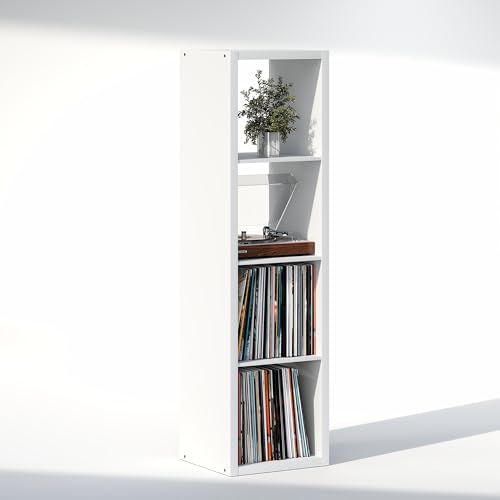 Image of Furinno Cubicle Record Player Stand, 4-Cube Vinyl Record Storage,White | Vinyl Storage, 1.2 inchInch Extra Thick, Open Back Media Shelf for CD DVD Bluray Game Disc, for Living Room, Home Office