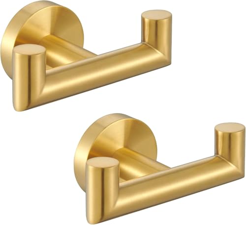 YUET 2 Piezas Doble Ganchos para Pared, Acero Inoxidable Colgador Toallas con Tornillo, Toalleros Extrafuerte para Baño Cocina Albornoz Trapos, Oro