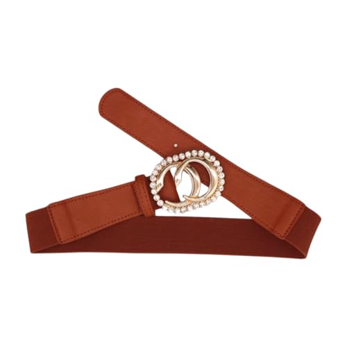 Women’s Brown Skinny Fashion Belt – Stretch Waistband with Gold CC Rhinestone Buckle – Adjustable High Waist or Hip Belt Fits S/M Waist WB32