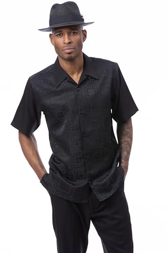 MONTIQUE Walking Suit For Men 2 Piece Set - Short Sleeve Shirt and Long Pants, Solid Colors - 2514