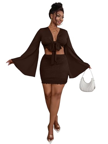 Image of LYANER Women 2 Piece Vacation Outfits Tie Knot Front Bell Long Sleeve Crop Top and Mini Skirt Summer Set
