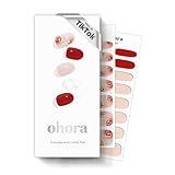 ohora 半硬化ジェルネイルストリップ (N Love-Sign) - レッド、柄入り、あらゆるUV/LEDランプに対応、サロン品質、長持ち、貼り付けと取り外しが簡単 - 2つの準備パッド、ネイルファイル&木製スティック付き