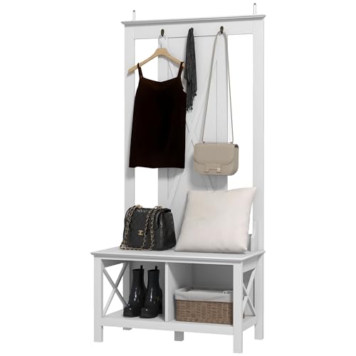 HOMCOM Perchero con Zapatero de Madera Perchero de Pie con Banco 2 Estantes y 3 Ganchos para Colgar Ropas para Pasillo Recibidor Entrada 80,5x40x168 cm Blanco