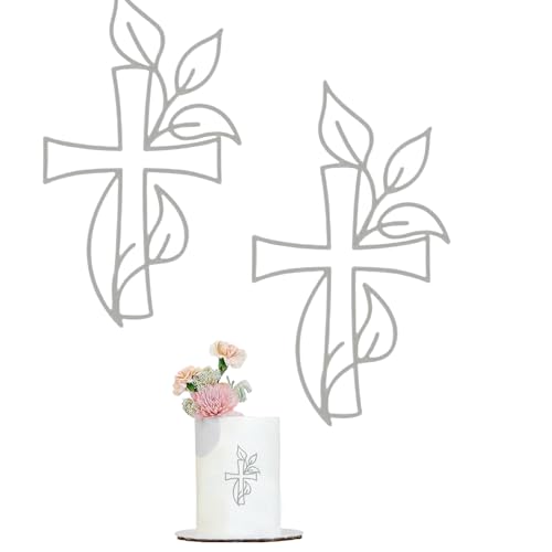 THXFUNAREA 2 PCS Deco Communion Baptême Décoration Gâteau Croix Or pour Première Communion Fille Garçon, Décoration Acrylique avec Design Feuilles pour Mariage Fête(Argent)