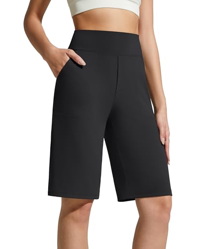 G4Free Bermuda Shorts for Women Summer High Waisted Wide Leg Knee Length Athletic Lounge Long Shorts with Pockets Casual Work (Black,M)