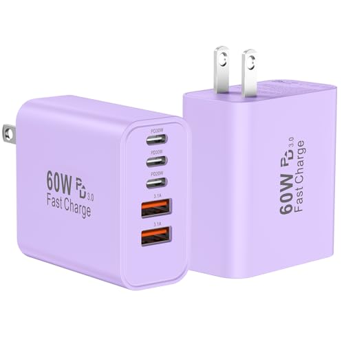 Image of USB C Fast Wall Charger Block, 2Pack 60W USBC Charging Cubes, 5-Port PD+QC Power Adapter Multiport Brick Type C Box Plug for Phone 17 /16 /15 /14 /13 /12 /11 /Pro Max /Plus, Pad Mini /Pro /S25 /S24-Lavender