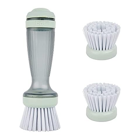 CQT Dish Brush, Dish Scrub Brush with Soap Dispenser for Dishes Kitchen Sink Pot Pan Scrubbing, 1 Brush 2 Refills Cover