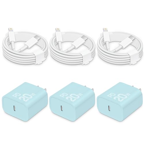i Phone Charger Fast Charging-20W USB-C Block with 6 Ft Cord [MFi Certified] Compatible with i Phone 14/13/12/11/X Series, i Pad & More [3 Pack] [Blue]