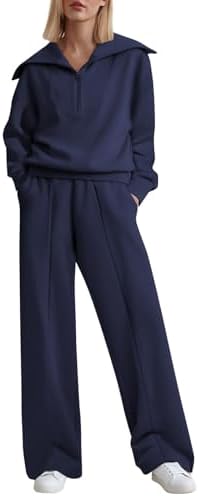 Aleumdr Two Piece Outfits Half Zip Sweatshirt Sweatsuit Lounge Sets for Women Matching Set Wide Leg Sweatpant Tracksuit