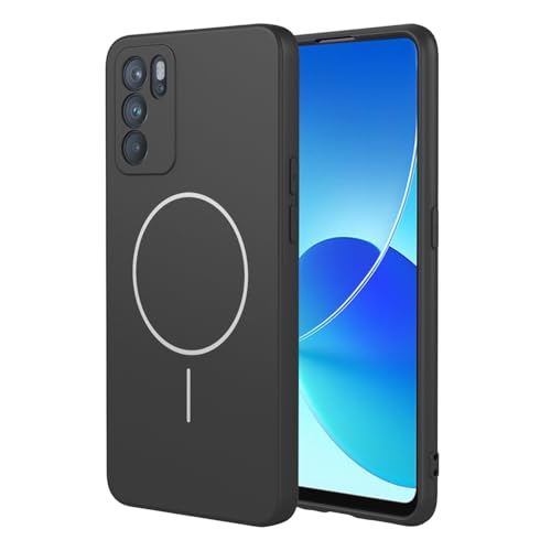 UPLAI Magnetico Cover per OPPO Reno 6 5G (Reno6 5G), Ultra Sottile Setoso Silicone Liquido Antiurto Custodia con Protezione Fotocamera, Premio TPU Fodera Fibra Caso. Nero