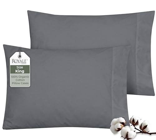 Image of ROYALE LINENS 100% Organic Cotton Percale Pillowcases Set of 2 - King Size Percale Pillowcase - King Set of 2 Pillow Cover - Breathable, Cool & Crisp Grey Pillow Cases (20 inchx40 inch, Grey)