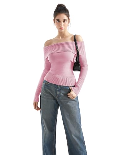 Image of SUUKSESS Women Off Shoulder Sweaters Long Sleeve Ribbed Knit Going Out Fall Tops Blouse