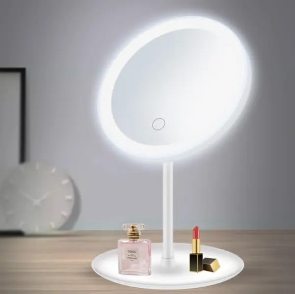 KALSUTANSHI ® Round Tabletop Vanity Mirror with Customizable 3-Color LED Lighting & Storage Tray |Rechargable with USB Micro-B Connector|Portable & Foldable Makeup Mirror (White)-image-44