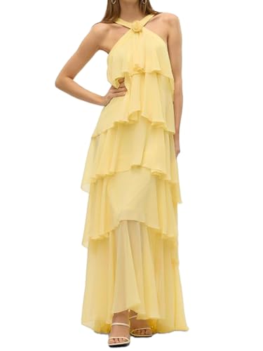 SANSIWU Damen-Maxikleid mit Blumenmuster, Spitze, Patchwork, Y2K, Neckholder, rückenfrei, langes Kleid, Sommer, fließendes Strandkleid, B-gelb, S