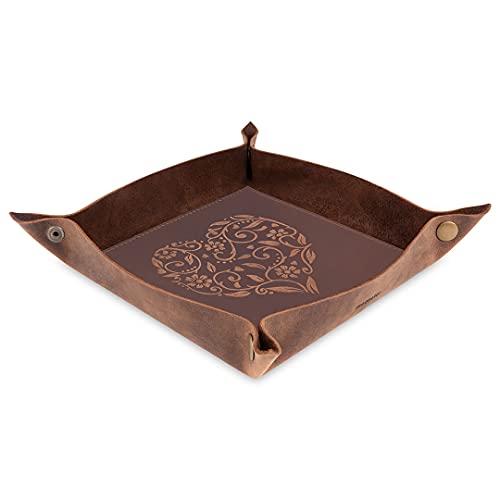 Valet Tray Key Tray & Vanity Tray – Full Grain Leather Organizer Tray for Jewelry, Wallet, Phone, & More – Handcrafted EDC Tray – Snap Design + Heart Embossment
