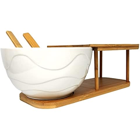 Keramik-Rührschüssel mit Servierutensilien und Bambus-Ausstellungsständer - Salatschüssel-Set mit Bambusregal und Servierlöffel - Aufbewahrungsbehälter aus Holz Cover