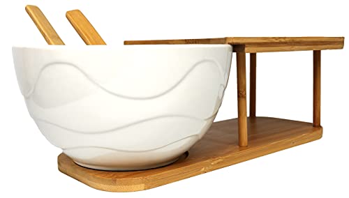 Keramik-Rührschüssel mit Servierutensilien und Bambus-Ausstellungsständer - Salatschüssel-Set mit Bambusregal und Servierlöffel - Aufbewahrungsbehälter aus Holz Cover