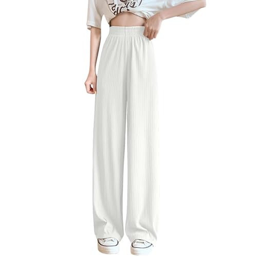 Wide Leg Pants for Women Summer High Waist Elastic Loose Fit Ice Silk Lounge Trouser Flowy Straight Palazzo Pants(White,Large)