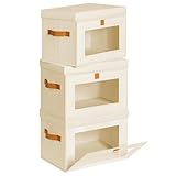 Homsorout Wardrobe Storage Boxes with Lids - 3 Pack Foldable Organiser Clothes Baskets with Handles, Front Opening Fabric Bins Decorative Containers for Shelf, Bedroom, Office, Dorm - Beige