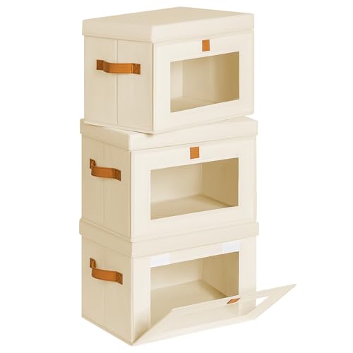 Homsorout Wardrobe Storage Boxes with Lids - 3 Pack Foldable Organiser Clothes Baskets with Handles, Front Opening Fabric Bins Decorative Containers for Shelf, Bedroom, Office, Dorm - Beige