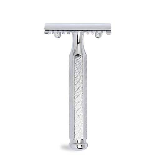 MERKUR Rasierhobel 41C | Klassiker mit Hexagonalgriff Glanzchrom | Dreiteiliger Rasierer mit geradem Schnitt | Offener Kamm | Ideal für Nassrasur | Zinkdruckguss | Messing Griffstück | Made in Germany