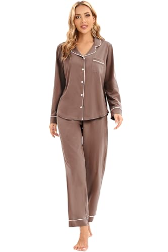 Image of LUBOT 100% Cotton Pajamas for Women Pajama Set Soft 2 Piece Sleepwear PJ Set Long Sleeve Knit Button Cozy Loungewear XS-XXL