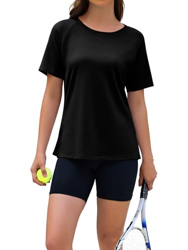 YOKGO Women Short Sleeve Workout Tops Quick Dry Athletic T Shirts Running Gym Yoga Casual Tee Loose Fit Activewear Black — view 2