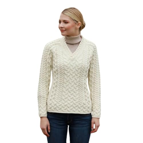 Aran Woollen Mills Maglione Irlandese da Donna Made in Ireland Pullover Lavorato a trecce in 100% Lana Merino con Scollo a V. (Naturale, XL) Aran Woollen Mills Maglione Irlandese da Donna Made in Ireland Pullover Lavorato a trecce in 100% Lana Merino con Scollo a V. (Naturale, XL)