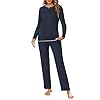 Jahetuul Pyjama Femme Hiver Coton Col Rond Ensemble de Pyjamas Manches Longues Haut Uni avec Design de Col à Effet Superposé et Pantalon Confortable Vêtements de Nuit Chauds