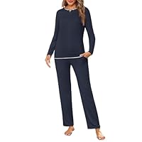 Jahetuul Pyjama Femme Hiver Coton Col Rond Ensemble de Pyjamas Manches Longues Haut Uni avec Design de Col à Effet Superposé et Pantalon Confortable Vêtements de Nuit Chauds