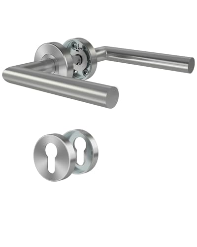DIYGEEK Türgriffe Innentüren, Türklinke für Drückergarnitur Zimmertür, Türgriff-Set Edelstahl mit Rosette Ø 52 mm PZ-Profilzylinder, L-Form, Silber Gebürstet