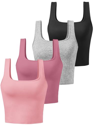BryticFlow Cotton Crop Tops for Women Tank Tops Ladies Square Neck Going Out Tops Gym Athletic Sports Shirts Exercise Undershirts 4 Pack Black/Grey/Rose/Pink S