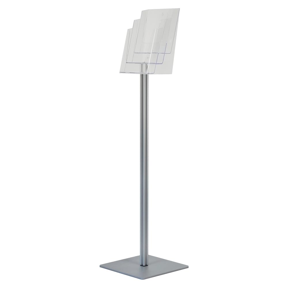 Espositore Portadepliant porta cataloghi da terra a Piantana con 3 Tasche in plexiglass per stampati A4, montante in Alluminio e base ultra sottile antinciampo in metallo per una migliore stabilità