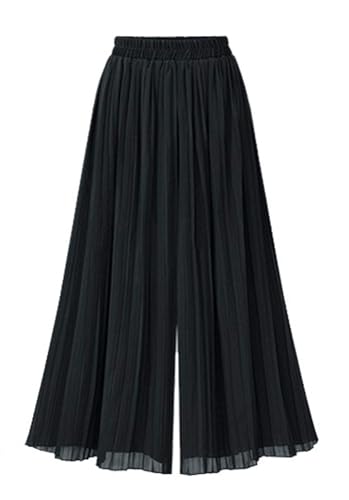 Women's Elastic Waist Pleated Chiffon Culottes Cropped Wide Leg Flowy Pants